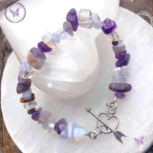 Blue Lace Agate, Amethyst & Opalite Crystal Bracelet with Silver Heart Toggle